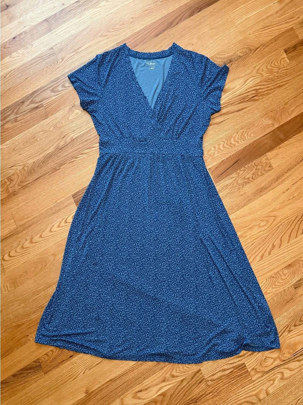 L.L. Bean | Navy Blue Floral Summer Knit Faux-Wrap Midi Dress | Large